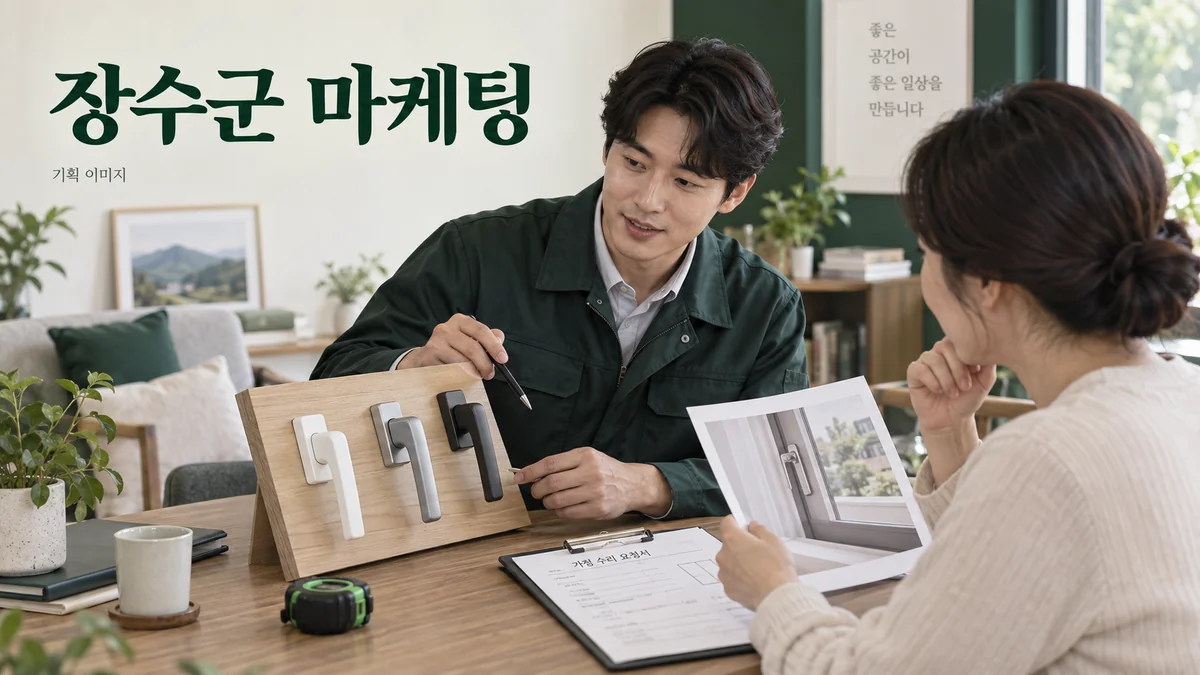 창호 수리의 요청 사진과 작업 범위를 확인하는 장수군 마케팅 기획 장면