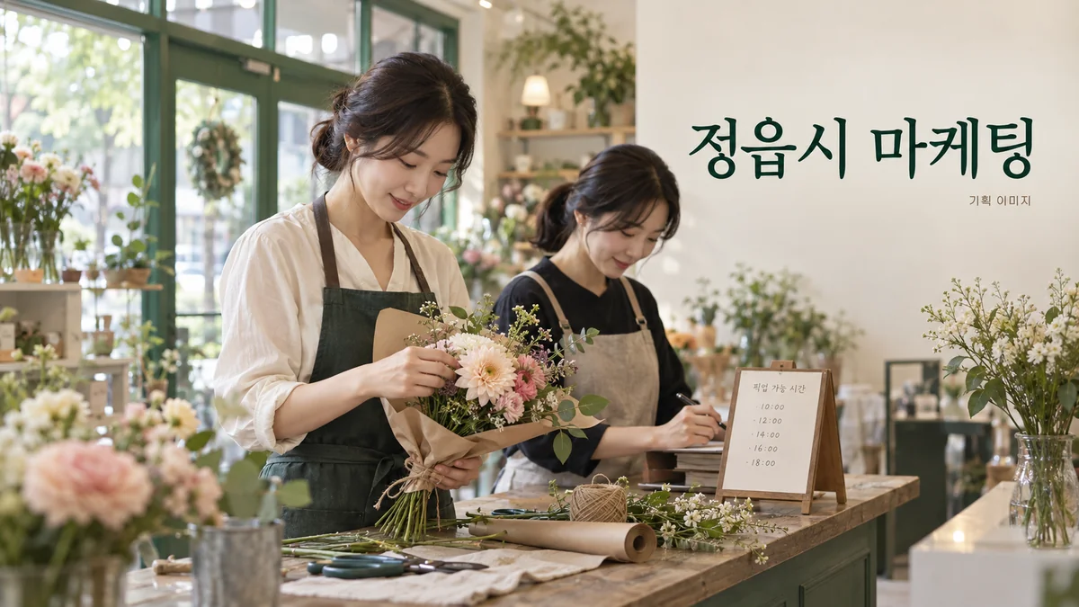 꽃 상품의 구성과 픽업 안내를 준비하는 정읍시 마케팅 기획 장면