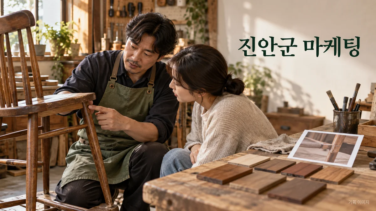 가구 보수의 요청 사진과 재료 선택을 확인하는 진안군 마케팅 기획 장면