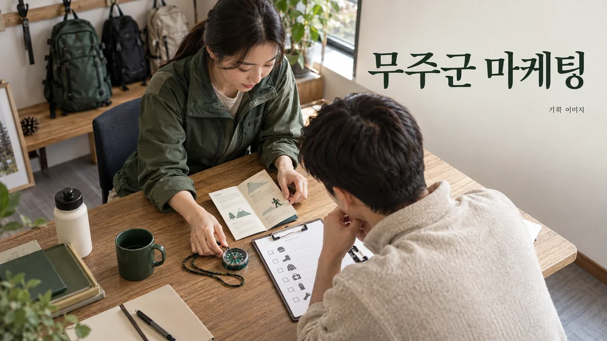 야외 체험의 준비물과 참가 안내를 정리하는 무주군 마케팅 기획 장면
