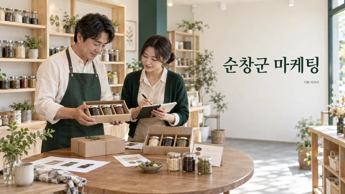 식품 선물세트의 구성과 보관 안내를 검토하는 순창군 마케팅 기획 장면