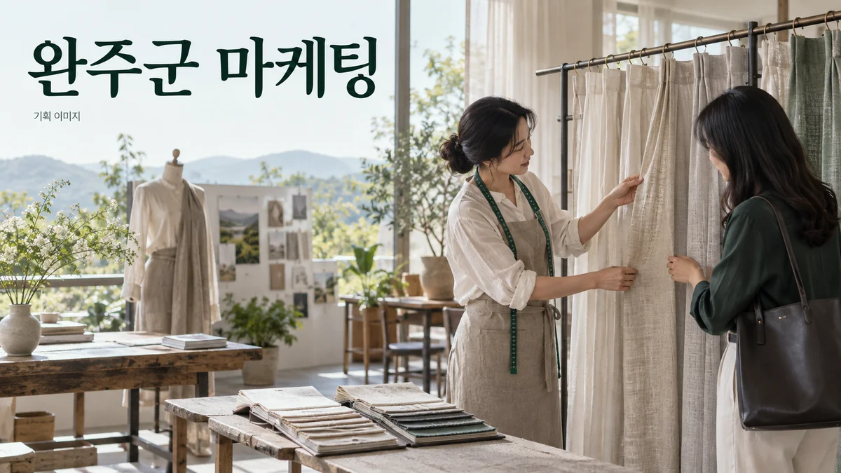 커튼의 원단과 설치 조건을 살펴보는 완주군 마케팅 기획 장면
