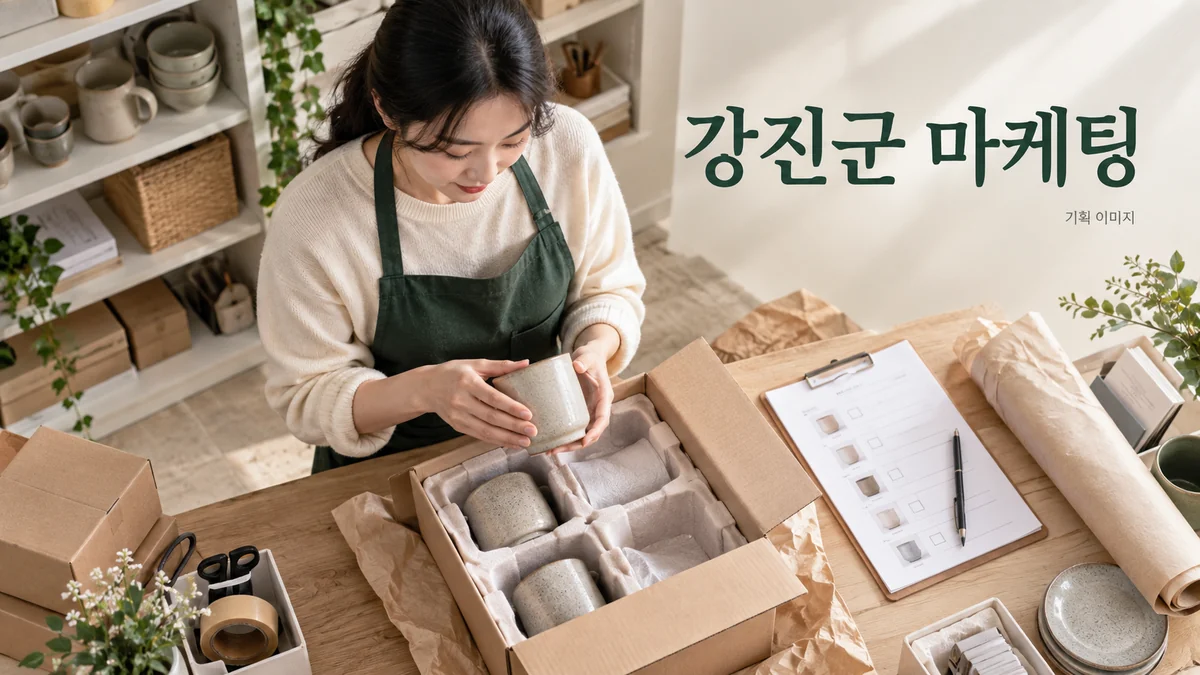 생활용품의 상품 구성과 배송 포장을 점검하는 강진군 마케팅 기획 장면