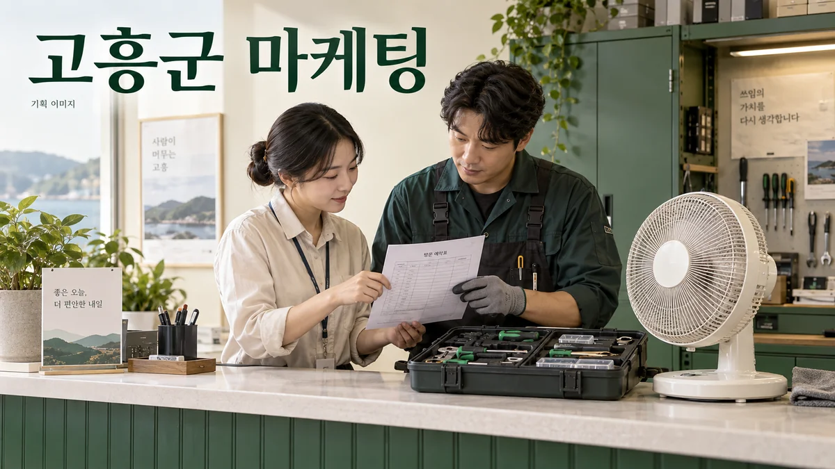 수리 서비스의 방문 일정과 접수 자료를 확인하는 고흥군 마케팅 기획 장면