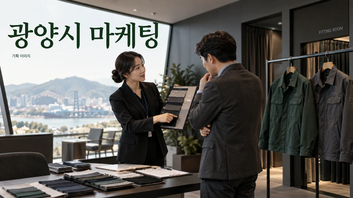 업무용 의류의 소재와 주문 수량을 비교하는 광양시 마케팅 기획 장면
