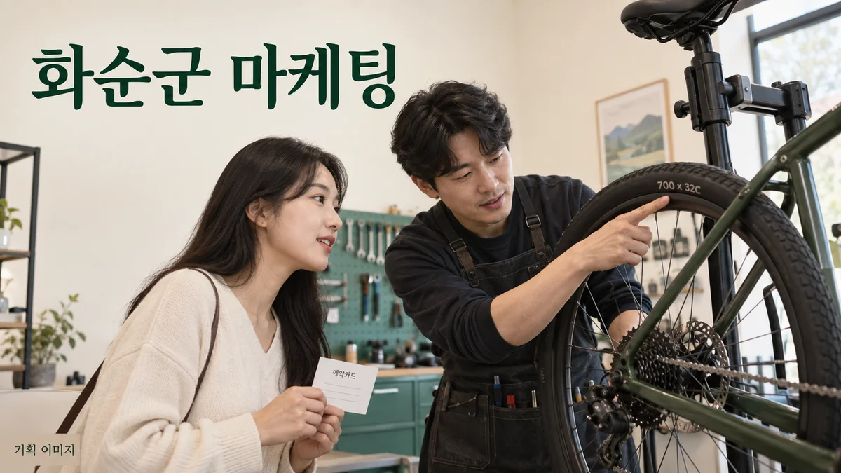 자전거 정비의 접수 정보와 작업 범위를 확인하는 화순군 마케팅 기획 장면