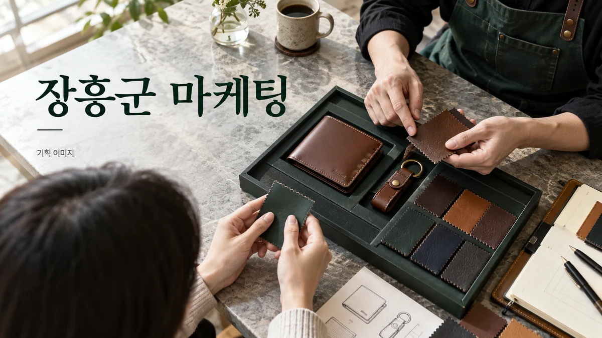가죽 소품의 색상과 맞춤 주문 정보를 비교하는 장흥군 마케팅 기획 장면