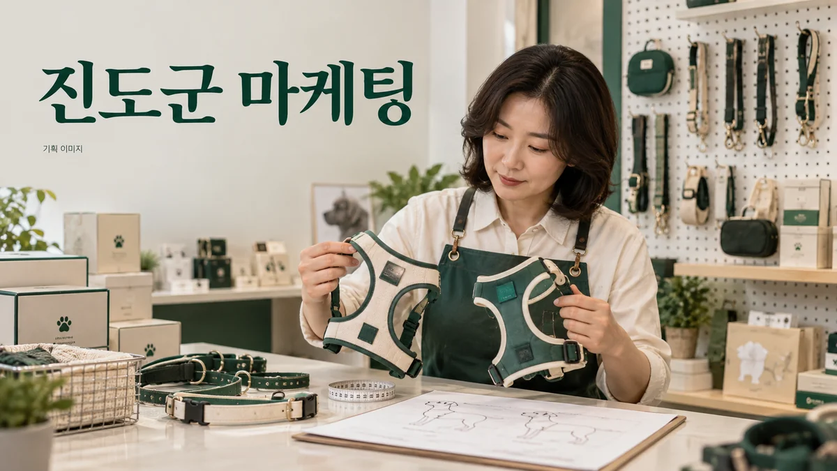 반려동물 용품의 사이즈와 구매 안내를 준비하는 진도군 마케팅 기획 장면