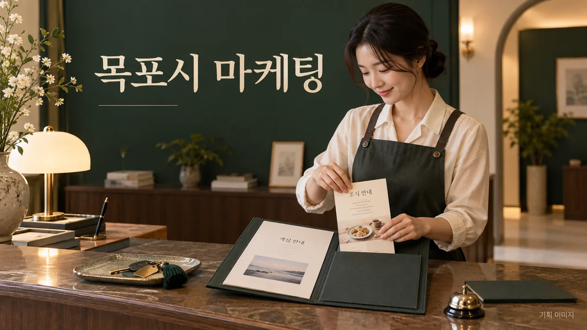 숙박 상품의 이용 조건과 예약 전 안내를 준비하는 목포시 마케팅 기획 장면