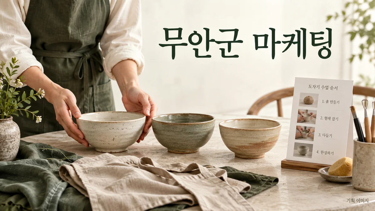 공방 수업의 난이도와 준비 자료를 정리하는 무안군 마케팅 기획 장면