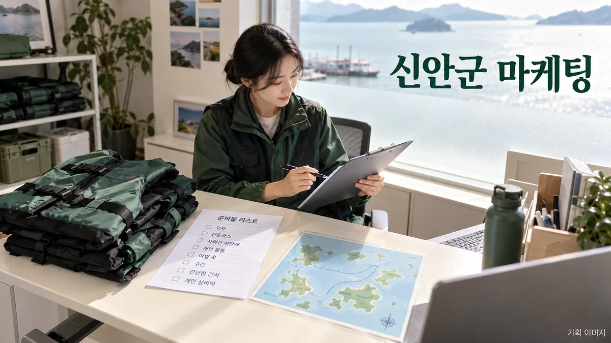 체험 예약의 준비사항과 일정 정보를 확인하는 신안군 마케팅 기획 장면