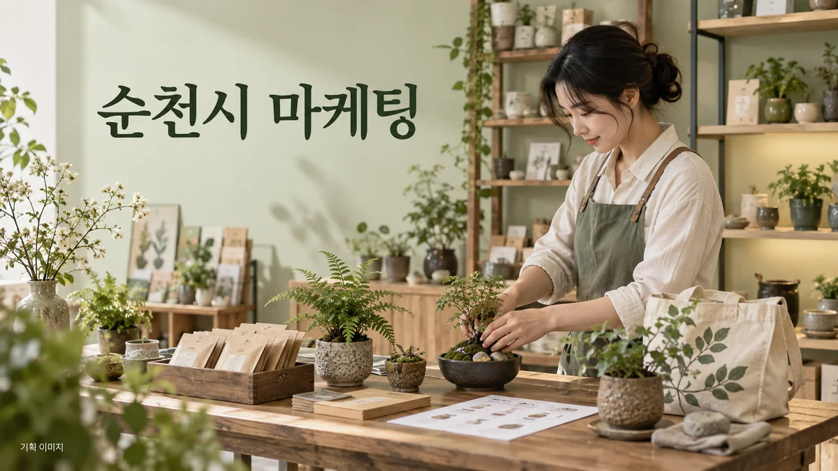 원예 상품의 구성과 구매 안내를 준비하는 순천시 마케팅 기획 장면