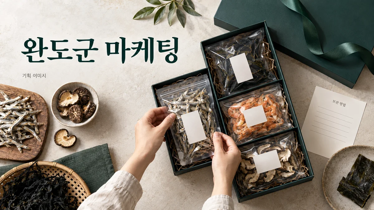 식품 상품의 포장 규격과 보관 안내를 검토하는 완도군 마케팅 기획 장면
