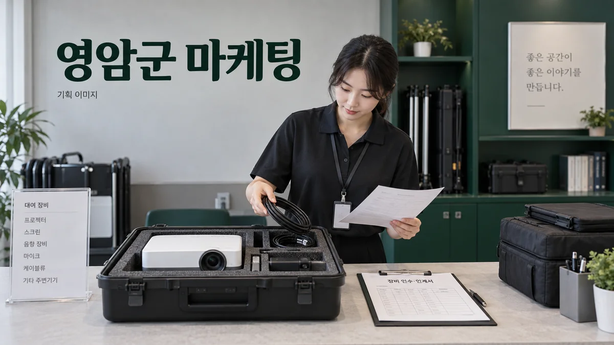 대여 장비의 구성품과 인수 조건을 확인하는 영암군 마케팅 기획 장면