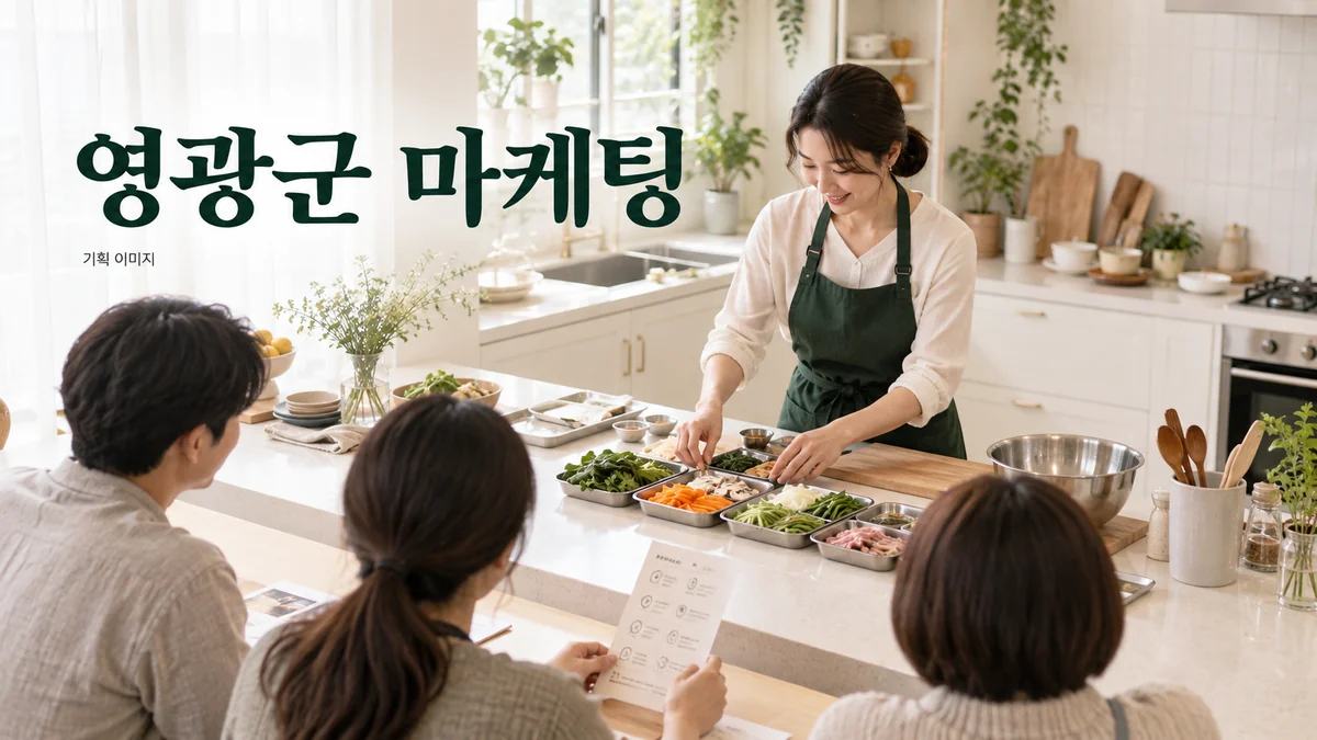 요리 수업의 구성과 참가 준비물을 정리하는 영광군 마케팅 기획 장면