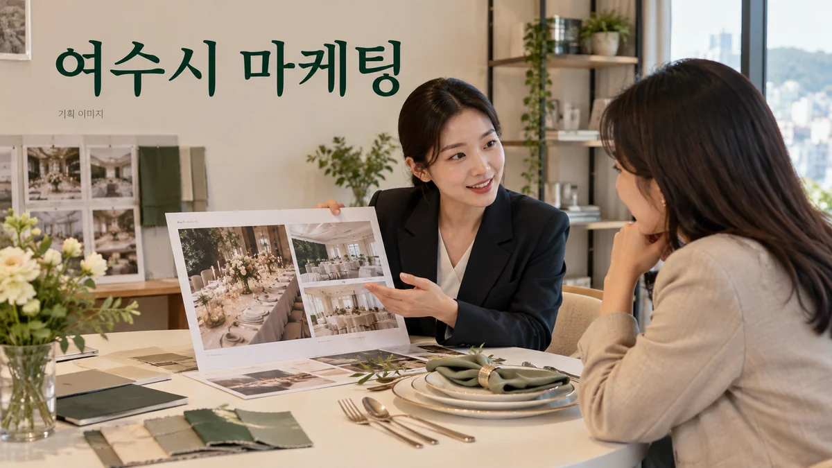 행사 공간의 구성과 예약 조건을 비교하는 여수시 마케팅 기획 장면