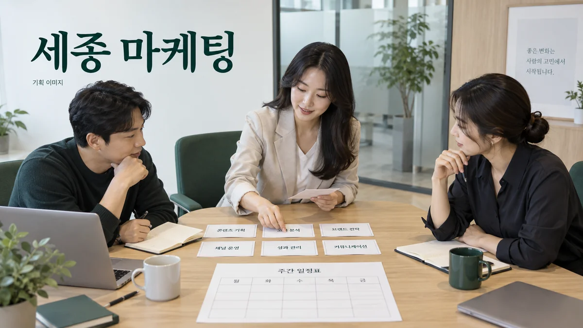 교육 프로그램의 대상과 신청 흐름을 검토하는 세종 마케팅 기획 장면