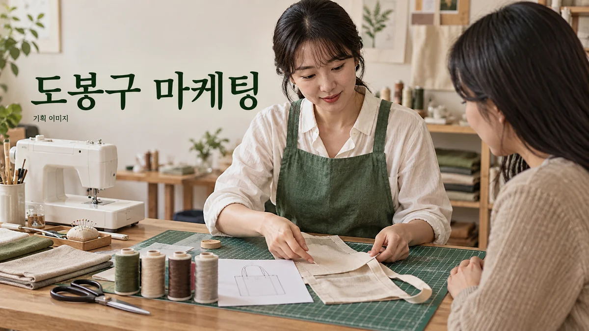 재봉 수업의 난이도와 준비 자료를 확인하는 도봉구 마케팅 기획 장면