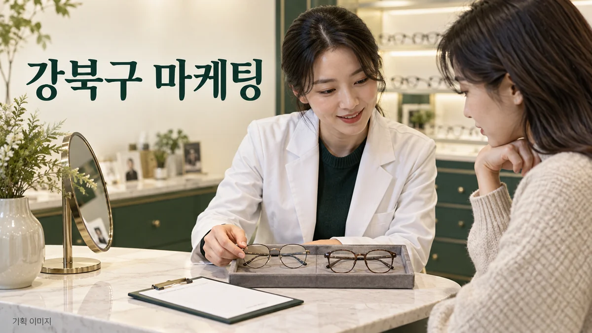 안경 상품의 선택 기준과 방문 안내를 준비하는 강북구 마케팅 기획 장면