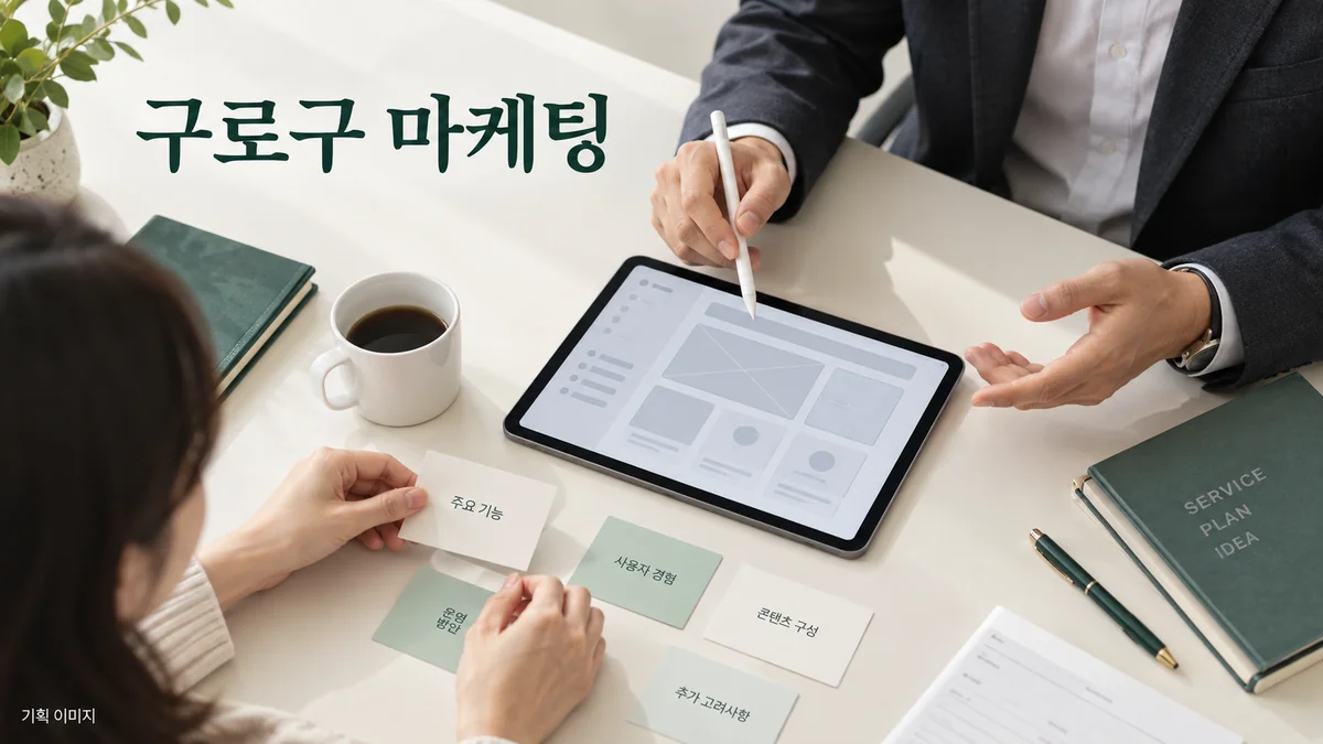 업무용 서비스의 요구사항과 상담 범위를 정리하는 구로구 마케팅 기획 장면