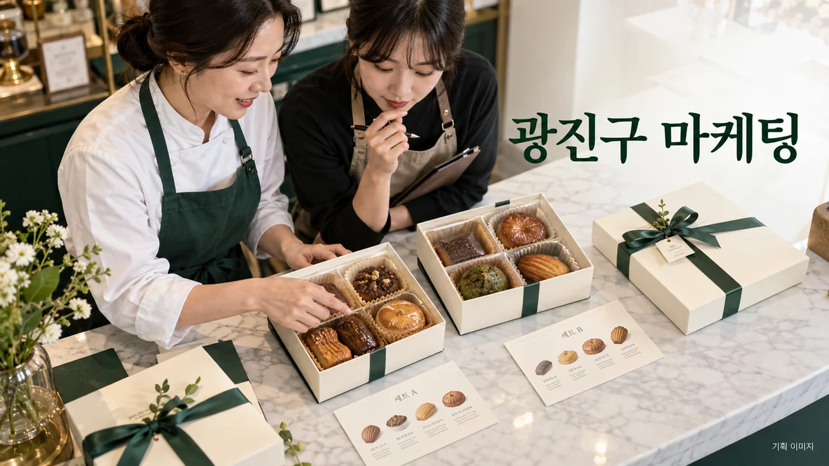 베이커리 상품의 구성과 픽업 안내를 준비하는 광진구 마케팅 기획 장면