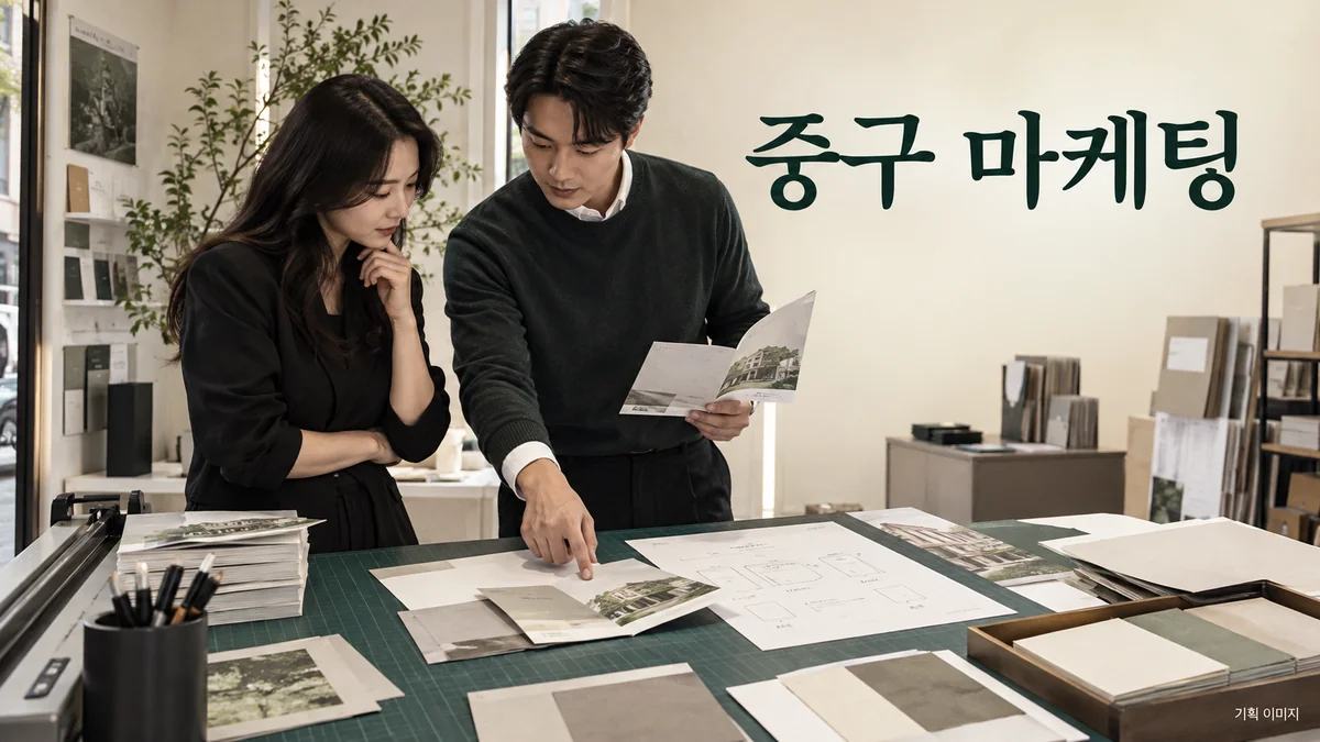 인쇄물의 규격과 납품 일정을 확인하는 중구 마케팅 기획 장면