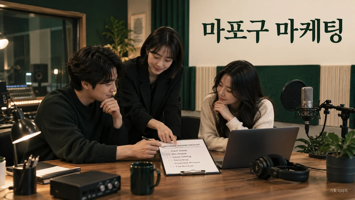 녹음 서비스의 준비 파일과 작업 범위를 확인하는 마포구 마케팅 기획 장면