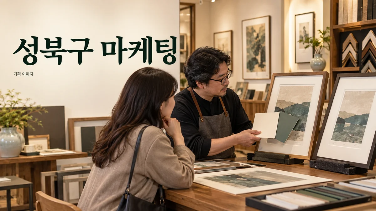 액자 상품의 크기와 소재 선택을 비교하는 성북구 마케팅 기획 장면