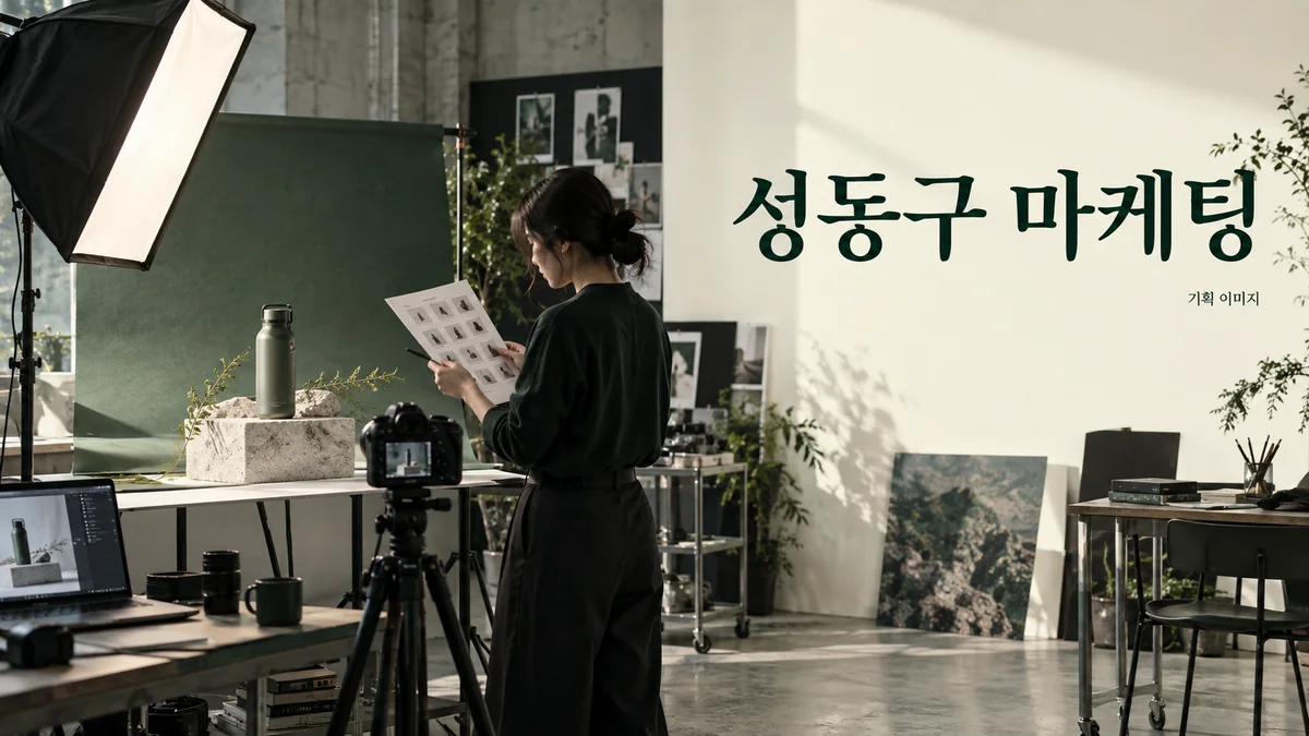 상품 촬영의 컷 구성과 준비 소품을 검토하는 성동구 마케팅 기획 장면