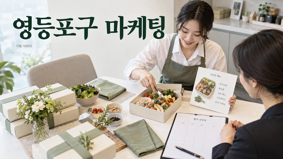행사 식음료의 구성과 주문 조건을 확인하는 영등포구 마케팅 기획 장면