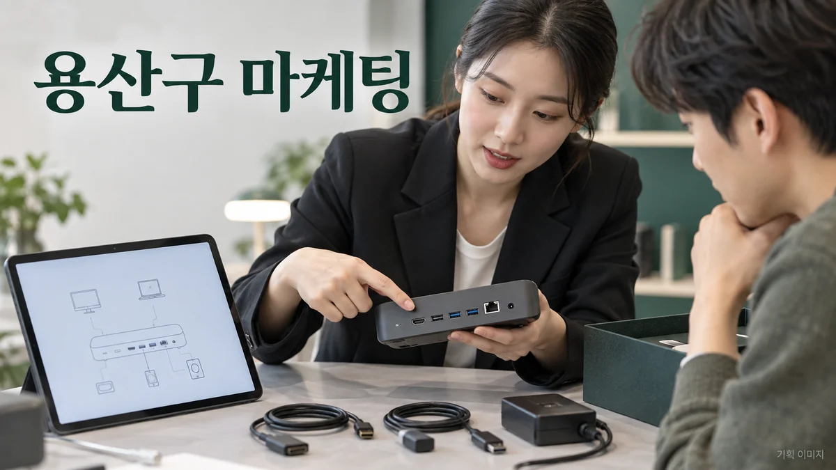 전자기기 서비스의 연결 환경과 요청 내용을 점검하는 용산구 마케팅 기획 장면