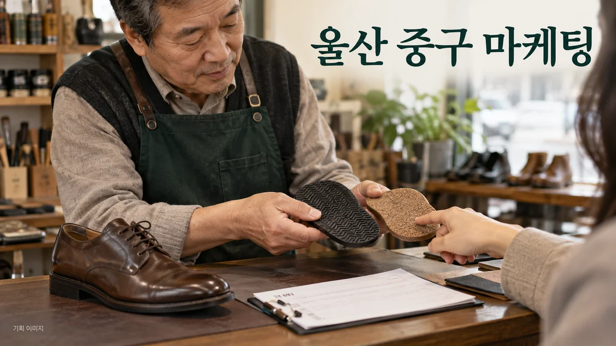 신발 수선의 요청 사진과 소재 선택을 확인하는 울산 중구 마케팅 기획 장면
