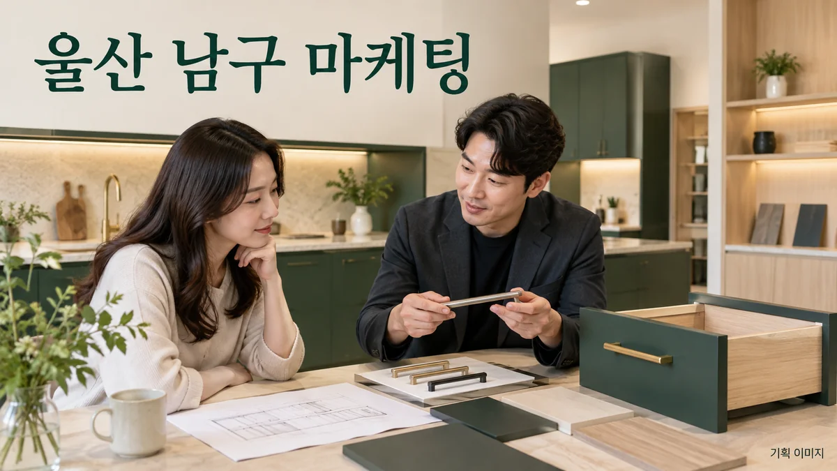 맞춤 가구의 도면과 마감 옵션을 비교하는 울산 남구 마케팅 기획 장면