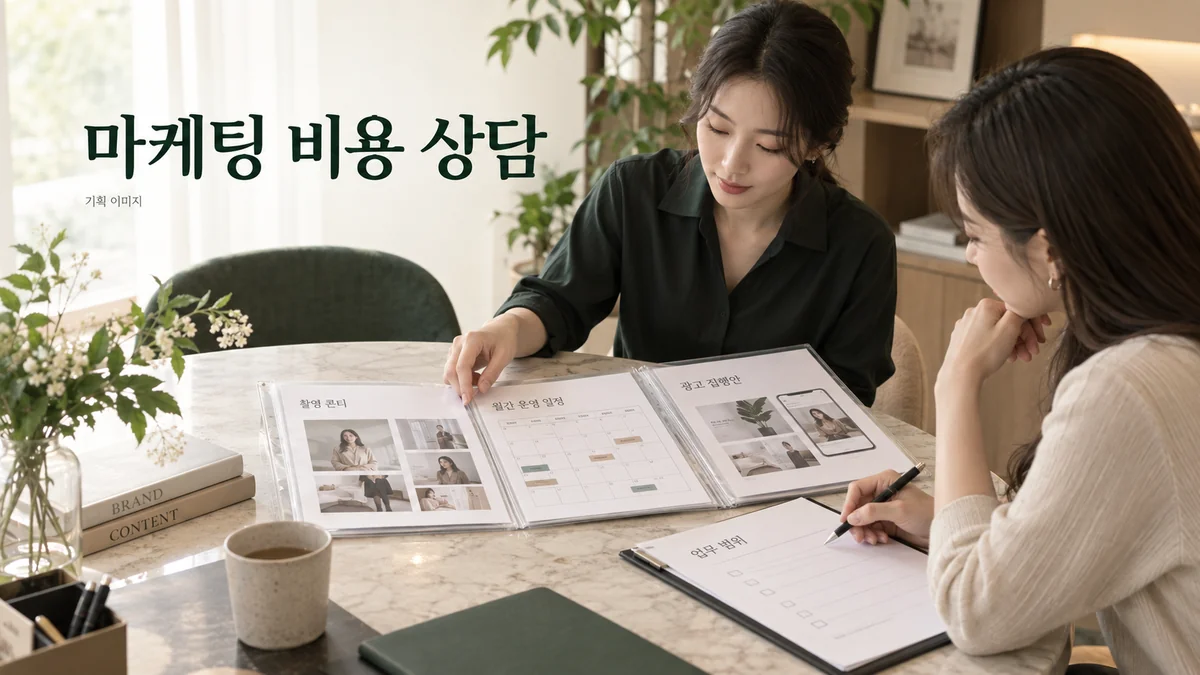 견적에 포함될 제작·운영 작업을 확인하는 마케팅 비용 상담 기획 장면