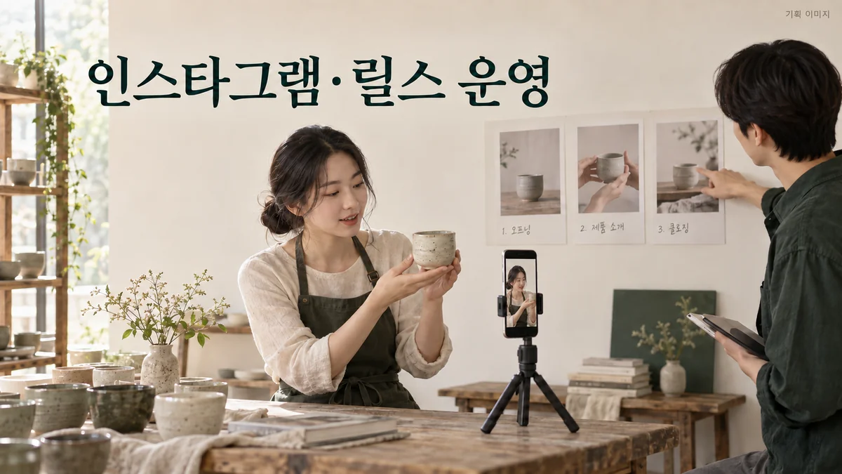 도자기 제품 소개를 세로 영상의 장면 순서로 준비하는 기획 장면