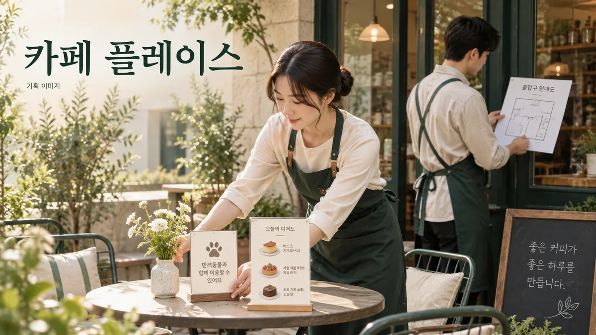 좌석·메뉴·방문 조건을 정리하는 카페 플레이스 기획 장면