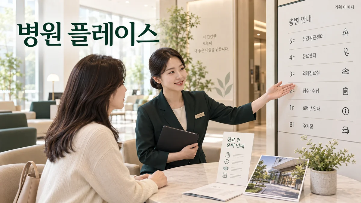 진료 안내와 방문 준비·건물 입구 정보를 맞추는 병원 플레이스 기획 장면