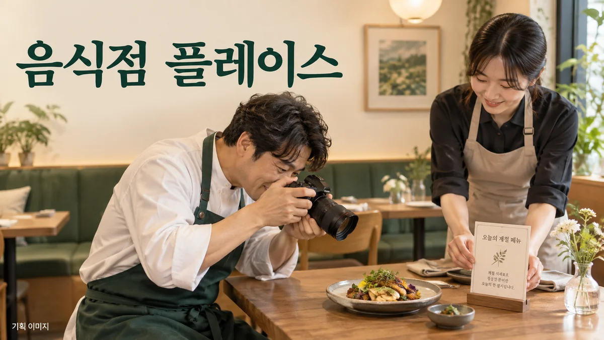 음식점의 메뉴 사진과 이용 안내를 준비하는 플레이스 운영 기획 장면