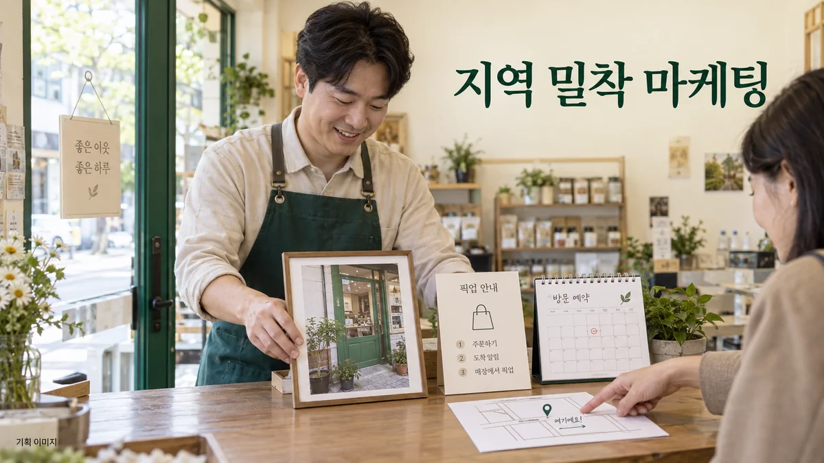 방문과 픽업에 필요한 매장 안내를 준비하는 지역 밀착 마케팅 기획 장면