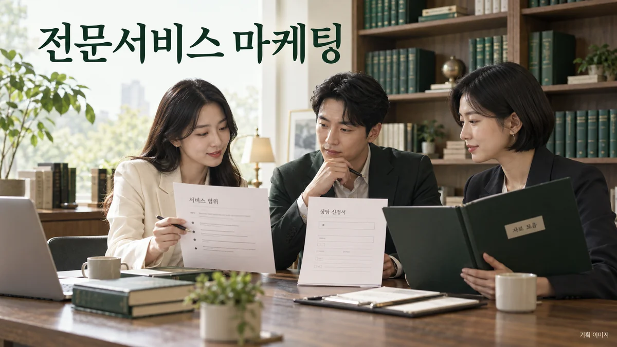 전문서비스의 설명 범위와 확인 자료를 검토하는 마케팅 기획 장면